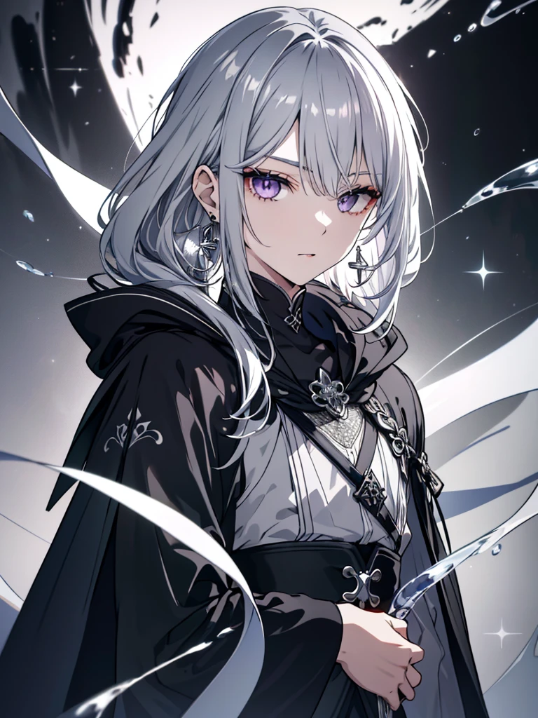 8k,High resolution RAW color art,Anime Art, (((Very detailed and cool))), Detailed skin, Blur、texture,(Exquisitely crafted, The finer details, Ultra-detailed art), (((One boy))), Depth of written boundary, Silky Touch, Hyper Detail, (((Cool face))), eye shadow、Silver Marble Skin, Beautifully detailed purple eyes, Beautiful lip detail, Very delicate face, Delicate depiction of hair and eyes, Detailed Fashion, Silver earrings,Silver Bracelet、Full body depiction, Black high neck、black waist cloak、 A little bit of grey hair、Semi-long hair、(((Hair)))、water surface、silk clotheatte、Soft clothes
