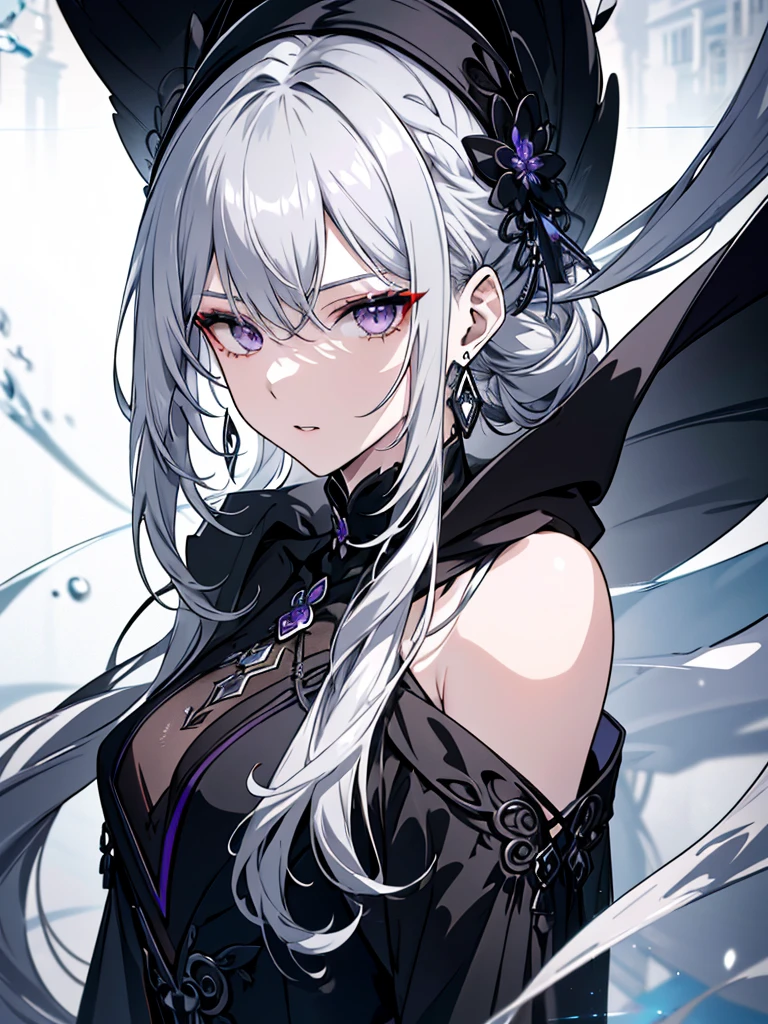 8k,High resolution RAW color art,Anime Art, (((Very detailed and cool))), Detailed skin, Blur、texture,(Exquisitely crafted, The finer details, Ultra-detailed art), (((One boy))), Depth of written boundary, Silky Touch, Hyper Detail, (((Cool face))), eye shadow、Silver Marble Skin, Beautifully detailed purple eyes, Beautiful lip detail, Very delicate face, Delicate depiction of hair and eyes, Detailed Fashion, Silver earrings,Silver Bracelet、Full body depiction, Black high neck、black waist cloak、 A little bit of grey hair、Semi-long hair、(((Hair)))、water surface、silk clotheatte、Soft clothes
