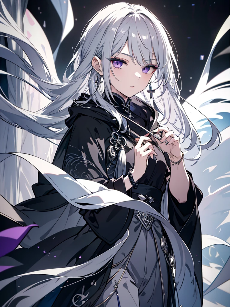 8k,High resolution RAW color art,Anime Art, (((Very detailed and cool))), Detailed skin, Blur、texture,(Exquisitely crafted, The finer details, Ultra-detailed art), (((One boy))), Depth of written boundary, Silky Touch, Hyper Detail, (((Cool face))), eye shadow、Silver Marble Skin, Beautifully detailed purple eyes, Beautiful lip detail, Very delicate face, Delicate depiction of hair and eyes, Detailed Fashion, Silver earrings,Silver Bracelet、Full body depiction, Black high neck、black waist cloak、 A little bit of grey hair、Semi-long hair、(((Hair)))、water surface、silk clotheatte、Soft clothes
