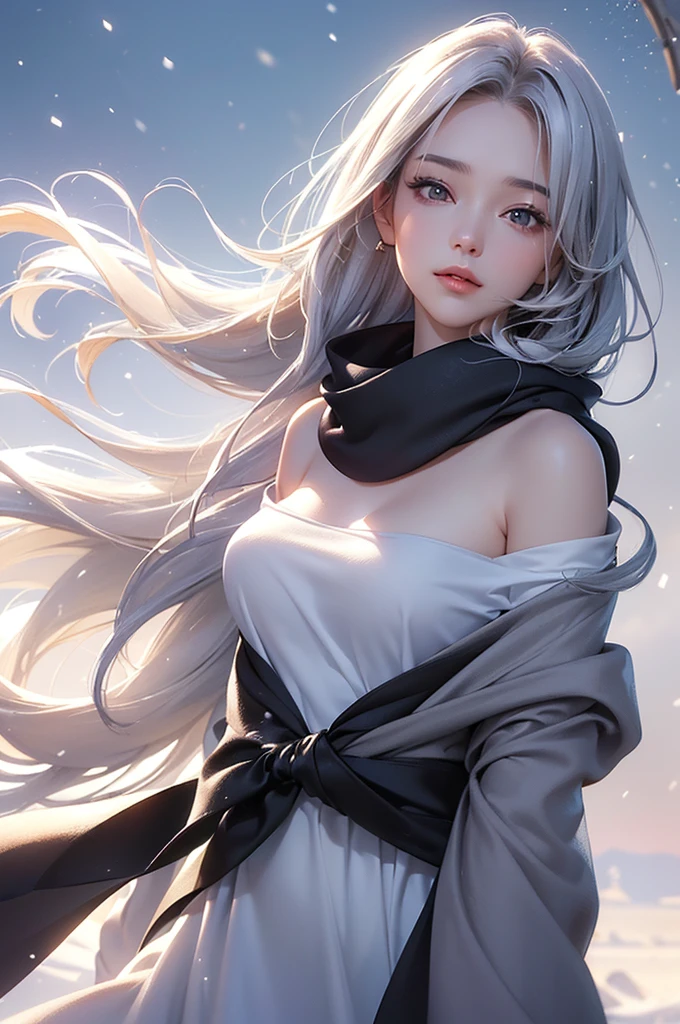 ((masterpiece:1.5、8k、Portraiture、フォトリアリスティックでVery detailedなCG、Very detailed、Particle Effects、Dynamic Effects、Shallow depth of field、Cinematic Light、Lens flare、Ray Tracing、Tabletop、Realistic:1.4、Ultra-high resolution:1.2、Realistic、Realistic))((alone、,A woman wearing a cashmere coat over an off-the-shoulder dress:1.4、wear a long scarf、Elegant woman posing、Detailed face、bright表情、young, bright, Whiter skin、Ample 、Best Looks、Ultimate beauty、Shiny silver hair with highlights、bright and shiny hair,、Super long, Silky straight hair、Hair dancing in the wind))(morning、The setting is outdoors in the snow、Surrounded by illuminations)