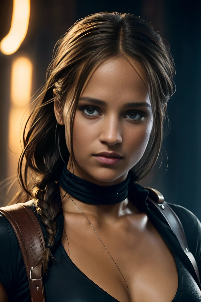 Alicia Vikander as Lara Croft, (uhd, 8K wallpaper, High resolution), Cinematic lighting, award-winning, extremely detailed skin, extra detailed face, photo-realistic, high detail eyes, Carl Zeiss 85 mm F/1.4, bokeh, by Ellen von Unwerth
