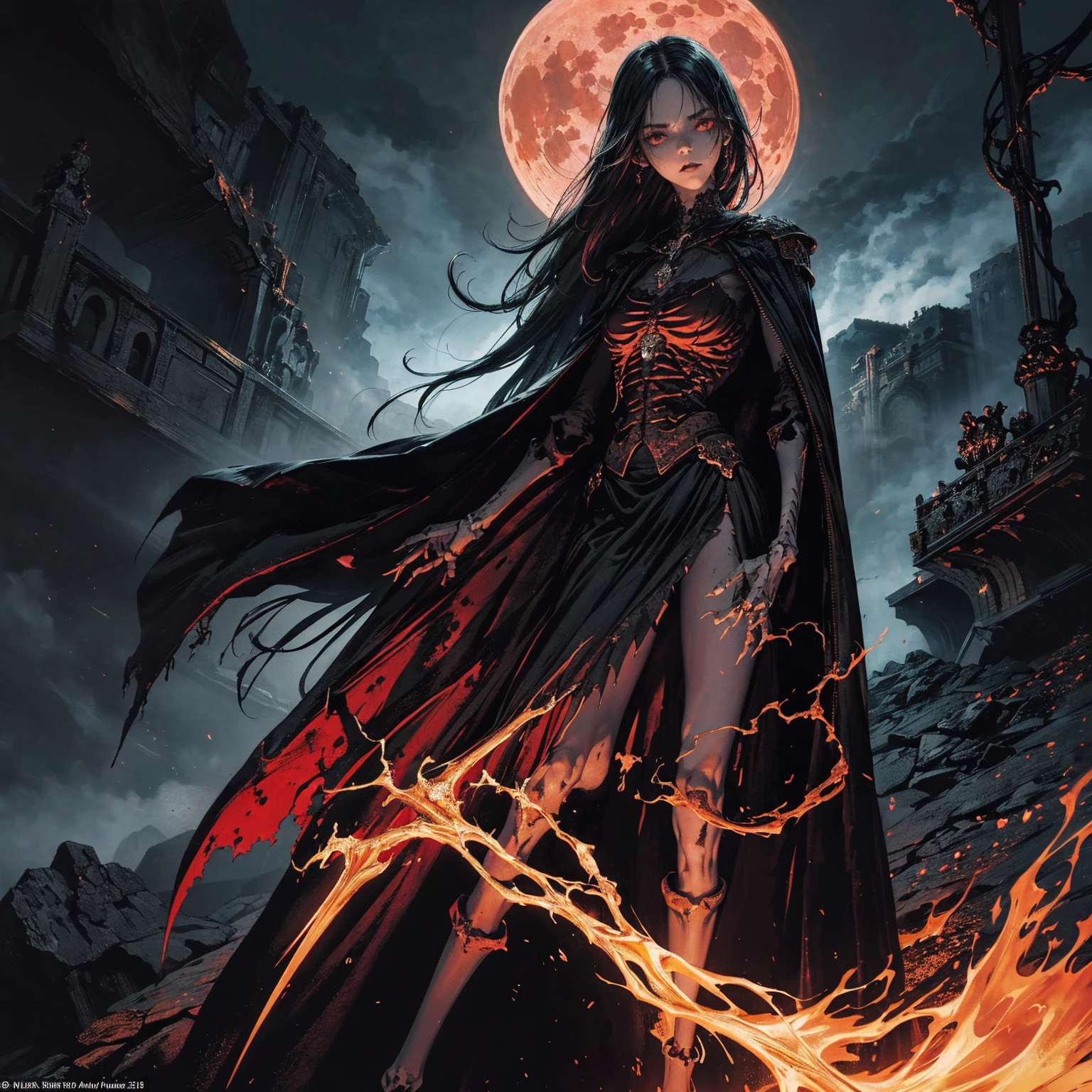 full-body shot, best quality, 4K, high resolution, masterpiece:1.2, Very detailed, actual:1.37, Mood lighting, An undead girl in a long cape, Torso and limb is skeleton bone but head is still beautiful human face, Wearing a ragged gothic skirt, Aloofness emotion, Dangerous sneer, Black Hair, Standing, Facing the camera, Crucified, Pitch black sky, Blood-red moon, strange atmosphere, Gothic style, Unforgettable beauty, Dramatic shadows, Ethereal Light, Mysterious atmosphere.