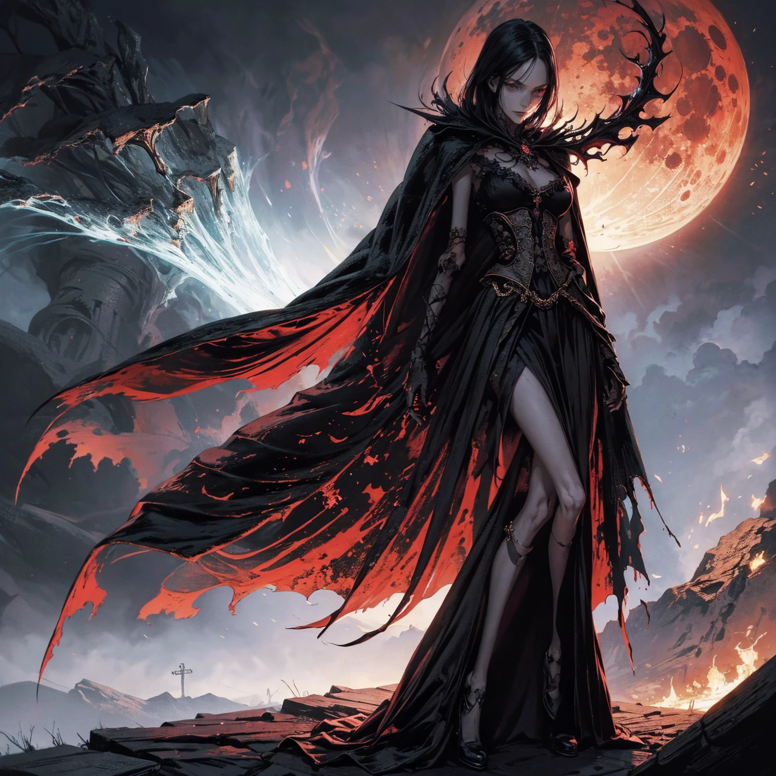 full-body shot, best quality, 4K, high resolution, masterpiece:1.2, Very detailed, actual:1.37, Mood lighting, An undead girl in a long cape, Torso and limb is skeleton bone but head is still beautiful human face, Wearing a ragged gothic skirt, Aloofness emotion, Dangerous sneer, Black Hair, Standing, Facing the camera, Crucified, Pitch black sky, Blood-red moon, strange atmosphere, Gothic style, Unforgettable beauty, Dramatic shadows, Ethereal Light, Mysterious atmosphere.