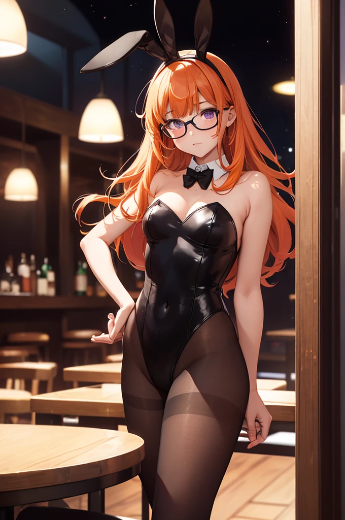 (Best Quality, masutepiece), depth of fields, Blurry background, Seductive thighs, Standing, Solo, 1girl in, long orange hair, (Ahoge:0.9), Glasses, Blunt bangs, Purple eyes, (full-face blush), ((Playboy Bunny, pantyhose, Bunny ears, highleg, highleg leotard, Black Leotard, translucent leotard, Leotard)), a bar counter, nightclubs, Night, ((Huge breasts!!!!!!)),venusbody,cowgirl position, arms up,