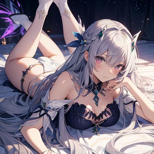 Fairy Knight Lancelot (destiny), 1 female, alone, Long Hair, chest, bangs, underwear, tail, Gray Hair, Top-down Bottom-up, flexible, Body pattern, Armrest, Jack-o'-Challenge, Hands on the ground, Viewers showing their backsides, Backwards, Viewer seen from behind, Rear-facing camera, dorsal position, Viewer facing the butthole、,anusを視聴者に向けている,anusを視聴者に見せる,anus