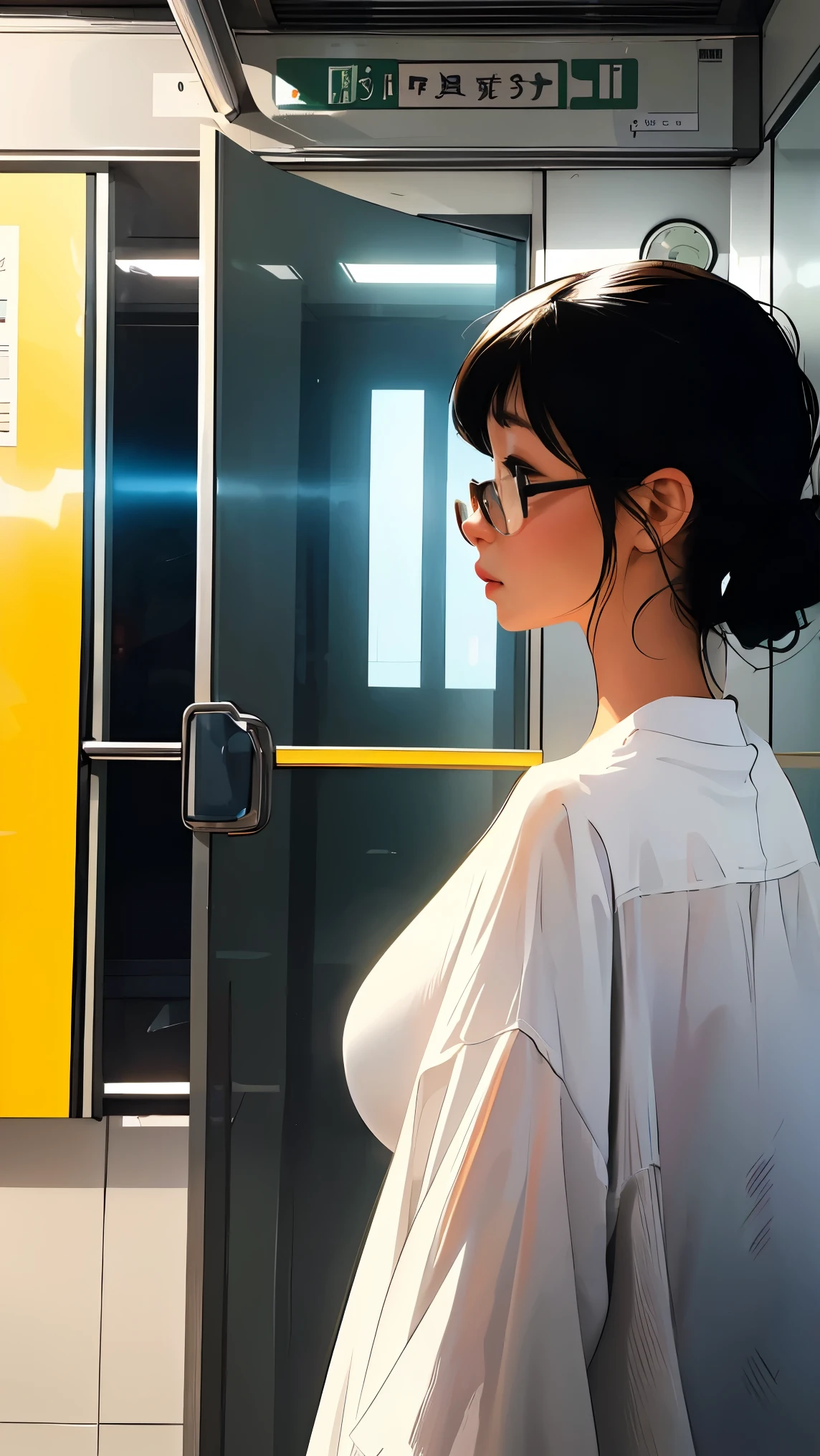 Woman looking at the view outside the window in front of the subway doors、Bright colors、Soft Focus、Light leakage、、Glasses、Experimental charm、A break in color field painting with a retro appeal、Various colors、abstract expressionism、Bold colors、Emotional impact、Atmospheric Depth、Minimalist Approach Break、Beautiful girls、uhd(Super detailed)、Shortcuts、Black Hair、Asian、White stardust in a dark place、Absurd、High resolution、Very detailed、Bright colors、Soft Focus、Light leakage、Dreamy atmosphere、information、Black Hair、Large Breasts、Upper Body、profile