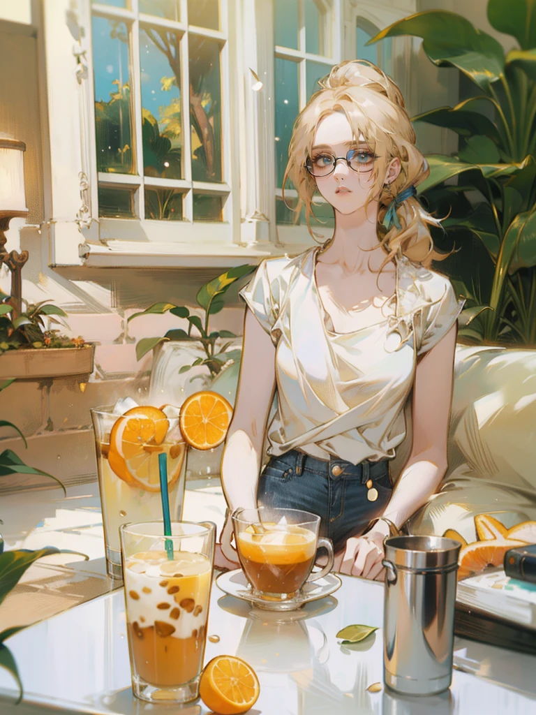 ((Beautiful girl)), blonde, hair in a medium-length ponytail, no fringes, ((white top:1.2)), blue jean shorts, sunglasses, (slight smile:1.2), perfect detailed face, sunny weather, café veranda, coffee table, green plants, a cup of matcha and a glass of cold orange juice on the table, drops of water on the glass of the glass, particles of light, ((she looks at the viewer:1.3))., shy, sparkle, glowing light, chromatic aberration, cinematic lighting, Nikon, masterpiece, accurate, anatomically correct, textured skin, super detail, high details, best quality, 16k