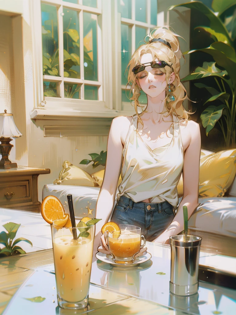 ((Beautiful girl)), blonde, hair in a medium-length ponytail, no fringes, ((white top:1.2)), blue jean shorts, sunglasses, (slight smile:1.2), perfect detailed face, sunny weather, café veranda, coffee table, green plants, a cup of matcha and a glass of cold orange juice on the table, drops of water on the glass of the glass, particles of light, ((she looks at the viewer:1.3))., shy, sparkle, glowing light, chromatic aberration, cinematic lighting, Nikon, masterpiece, accurate, anatomically correct, textured skin, super detail, high details, best quality, 16k