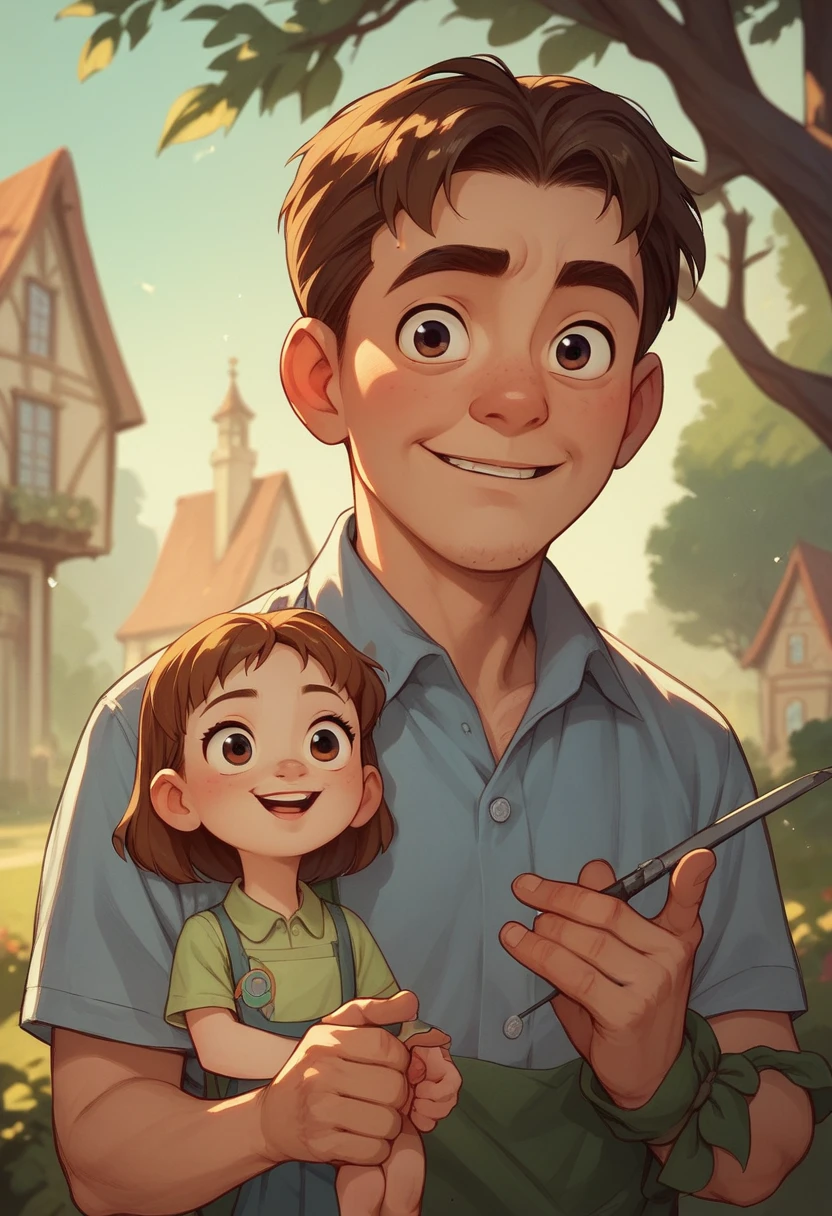 Create Disney Picture. A young father with his four children, the children is tree big brother and one little sister.