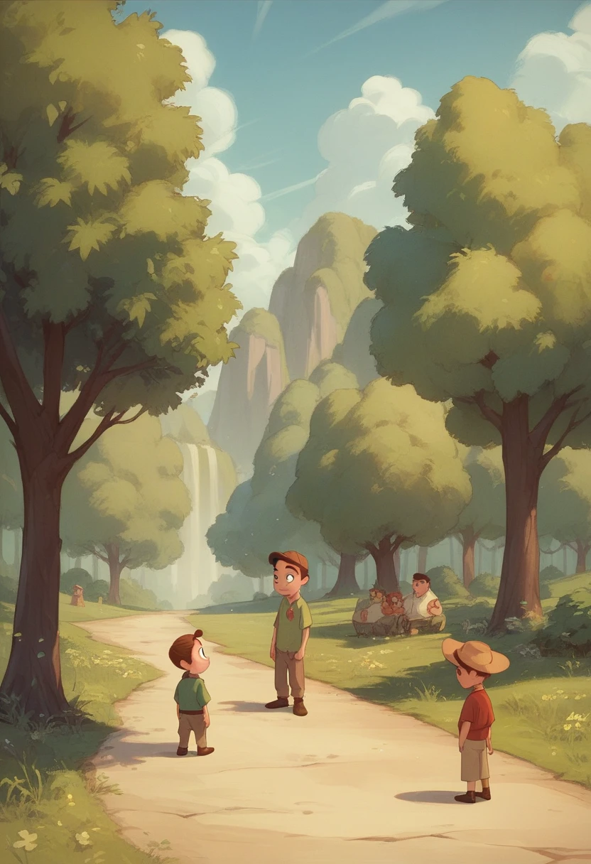 Create Disney Picture. A young father with his four children, the children is tree big brother and one little sister.