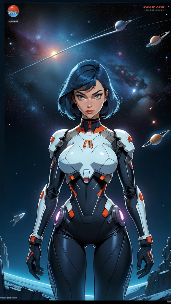 ((masterpiece, Highest quality)), 32K Wallpapers, Very detailed, posters, Vintage science fiction, 1960s,(((space thriller cinematic movie posters))), (Bauhaus), shape,Abstract, Midcentury Modern, movie posters, Vintage, A woman fused with a robot,アニメ,1970s,Halftone,Speech bubble,Milky Way,(superhero),((portfolio,close)),Cyborg of the Future,Combination of machine and woman,Space War,Star Wars,evangelion,Gantz,Cyborg Lady,Big Breasts,Erect nipples,
