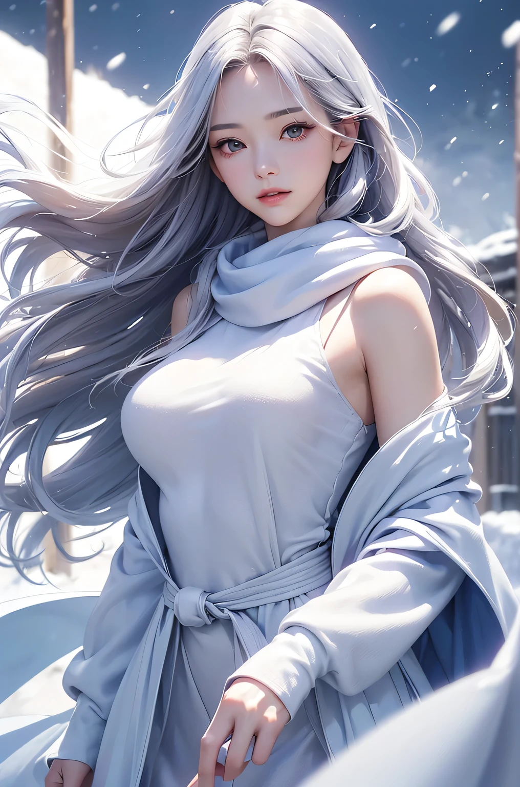 ((masterpiece:1.5、8k、Portraiture、Photorealistic and very detailed CG、Very detailed、Particle Effects、Dynamic Effects、Shallow depth of field、Cinematic Light、Lens flare、Ray Tracing、Tabletop、Realistic:1.4、Ultra-high resolution:1.2、Realistic、Realistic))((alone、,A woman wearing a cashmere coat over an off-the-shoulder dress:1.4、wear a long scarf、Elegant woman posing、Detailed face、brightexpression、young, bright, Whiter skin、Ample breasts、Best Looks、Ultimate beauty、Shiny silver hair with highlights、bright and shiny hair,、Super long, Silky straight hair、Hair dancing in the wind))(morning、The setting is outdoors in the snow、Surrounded by illuminations)
