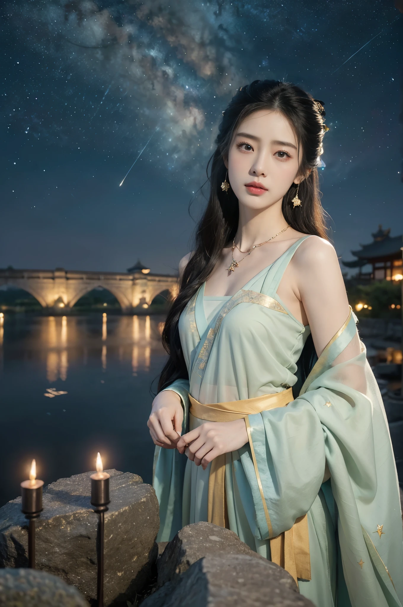 (((best quality))),(((ultra detailed))),(((masterpiece))),illustration,((1 beautiful girl,solo)),(shoulder length straight hair:1.2),((earrings,necklace)),((slim,thin)),((small breasts,flat chest)),(gorgeous sheer Hanfu:1.3),(standing:1.3),(on the stone arch bridge:1.3),((starry sky,the Milky Way)),elegance, grace, sophisticated updo, delicate hairpins, twinkling stars, radiant smile, bright eyes, wonder, beauty of the night sky, intricate patterns, flowers, birds, vibrant colors, ethereal, enchanting, old bridge, weathered, sturdy, natural surroundings, serene, peaceful atmosphere, rippling water, stars, graceful silhouette, magic, tranquility, twinkling stars, mesmerizing canopy of light, cool air, crisp, faint scent of blooming flowers, contemplation, admiration, ancient China, timeless, rich culture, traditions, captivating, enchanting atmosphere, myth, legend,((from front,upper body))