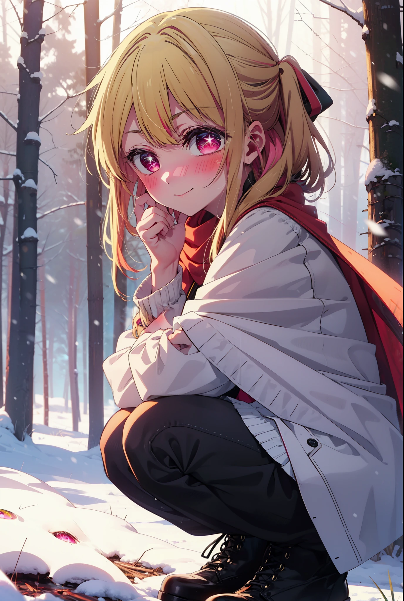 rubyhoshino, Hoshino Ruby, Long Hair, bangs, blonde, (Pink Eyes:1.3), Side Lock, (Symbol-shaped pupil:1.5), Multicolored Hair, Two-tone hair, smile,,smile,blush,white breath,
Open your mouth,snow,Ground bonfire, Outdoor, boots, snowing, From the side, wood, suitcase, Cape, Blurred, , forest, White handbag, nature, Squat, Mouth closed, Cape, winter, Written boundary depth, Black shoes, red Cape break looking at viewer, Upper Body, whole body, break Outdoor, forest, nature, break (masterpiece:1.2), Highest quality, High resolution, unity 8k wallpaper, (shape:0.8), (Beautiful and beautiful eyes:1.6), Highly detailed face, Perfect lighting, Highly detailed CG, (Perfect hands, Perfect Anatomy),