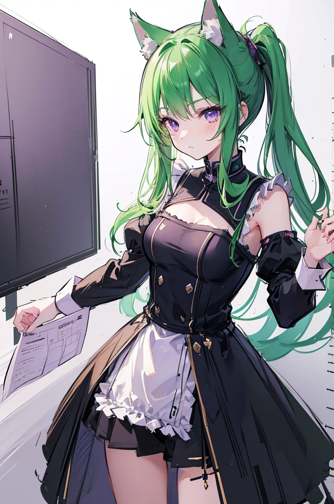 1 girl, green hair, noble, pony tail hair, purple eyes, cat ears, cat girl, multiple views, pencil sketch, (sketch:1.25), best quality, Line draft, highres, (ultra-detailed:1.1), (illustration:1.1), (solo), perfectly drawn hands, standing, cohesive background, paper, action, (character design:1.1)