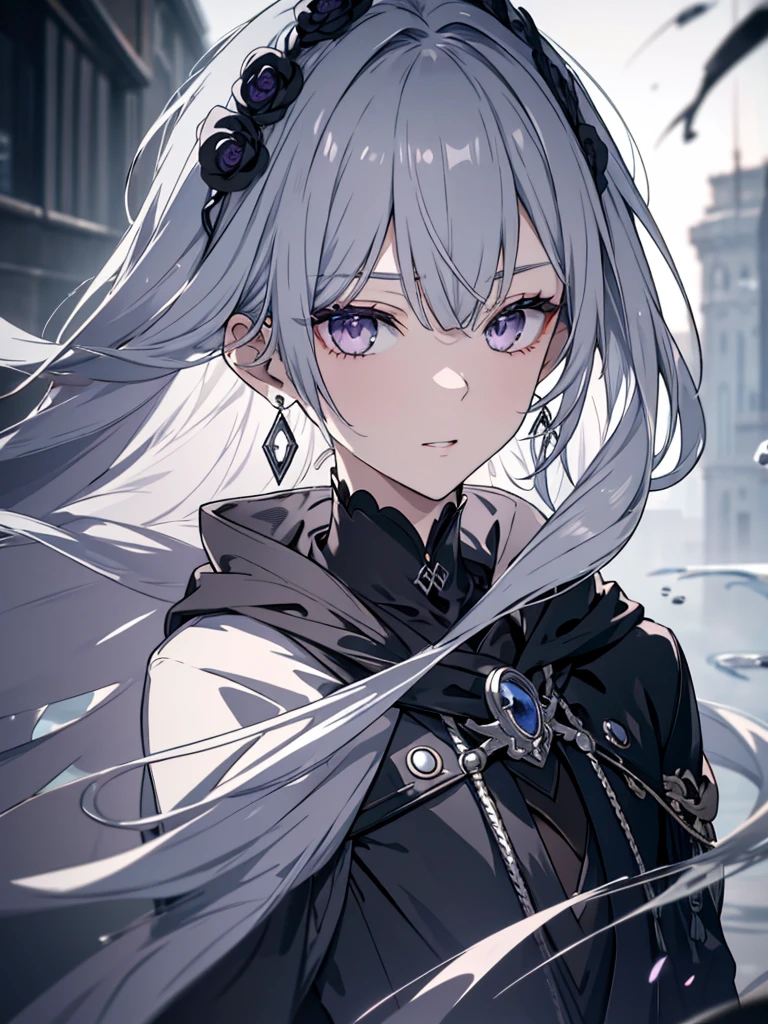 8k,High resolution RAW color art,Anime Art, (((Very detailed and cool))), Detailed skin, Blur、texture,(Exquisitely crafted, The finer details, Ultra-detailed art), (((One boy))), Depth of written boundary, Silky Touch, Hyper Detail, (((Cool face))), eye shadow、Silver Marble Skin, Beautifully detailed purple eyes, Beautiful lip detail, Very delicate face, Delicate depiction of hair and eyes, Detailed Fashion, Silver earrings,Silver Bracelet、Full body depiction, Black high neck、black waist cloak、 A little bit of grey hair、Semi-long hair、(((Hair)))、water surface、silk clotheatte、Soft clothes
