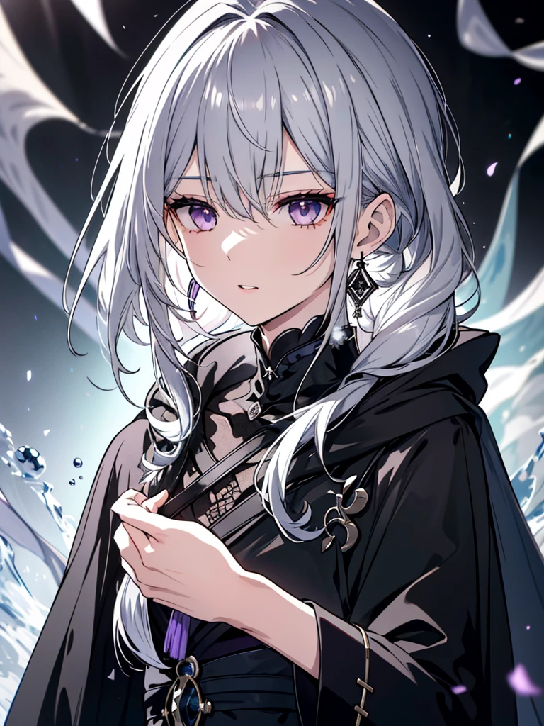 8k,High resolution RAW color art,Anime Art, (((Very detailed and cool))), Detailed skin, Blur、texture,(Exquisitely crafted, The finer details, Ultra-detailed art), (((One boy))), Depth of written boundary, Silky Touch, Hyper Detail, (((Cool face))), eye shadow、Silver Marble Skin, Beautifully detailed purple eyes, Beautiful lip detail, Very delicate face, Delicate depiction of hair and eyes, Detailed Fashion, Silver earrings,Silver Bracelet、Full body depiction, Black high neck、black waist cloak、 A little bit of grey hair、Semi-long hair、(((Hair)))、water surface、silk clotheatte、Soft clothes