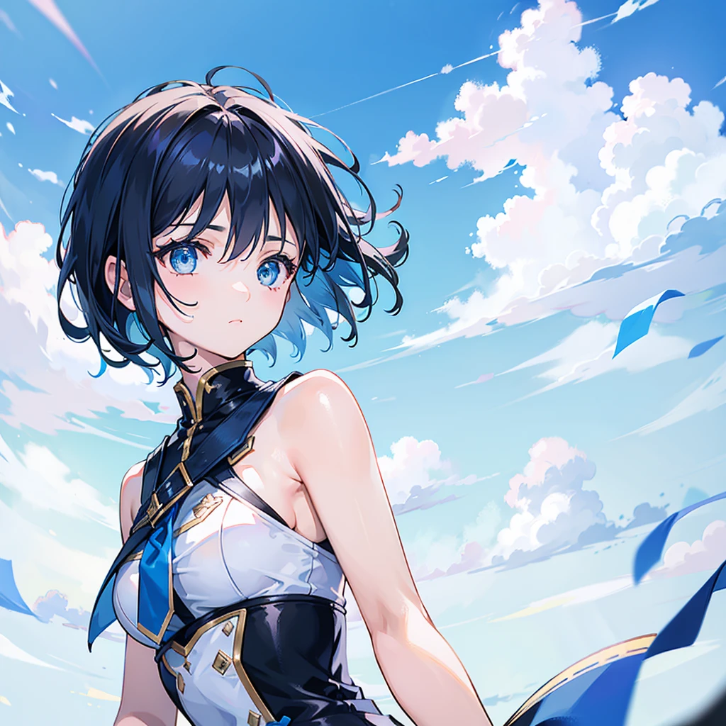 One girl,solo, shape,Delicate face and beautiful eyes,Delicate hair,Short fine hair,Blue sky background,Blue Theme,Black Officer's Cap,scarf,black police coat,(White background 1::5),Standing portrait style,Laughing,((Full Body Lesbian)),(Detailed eyes),Leg Straps,Officer's shoes,Cane