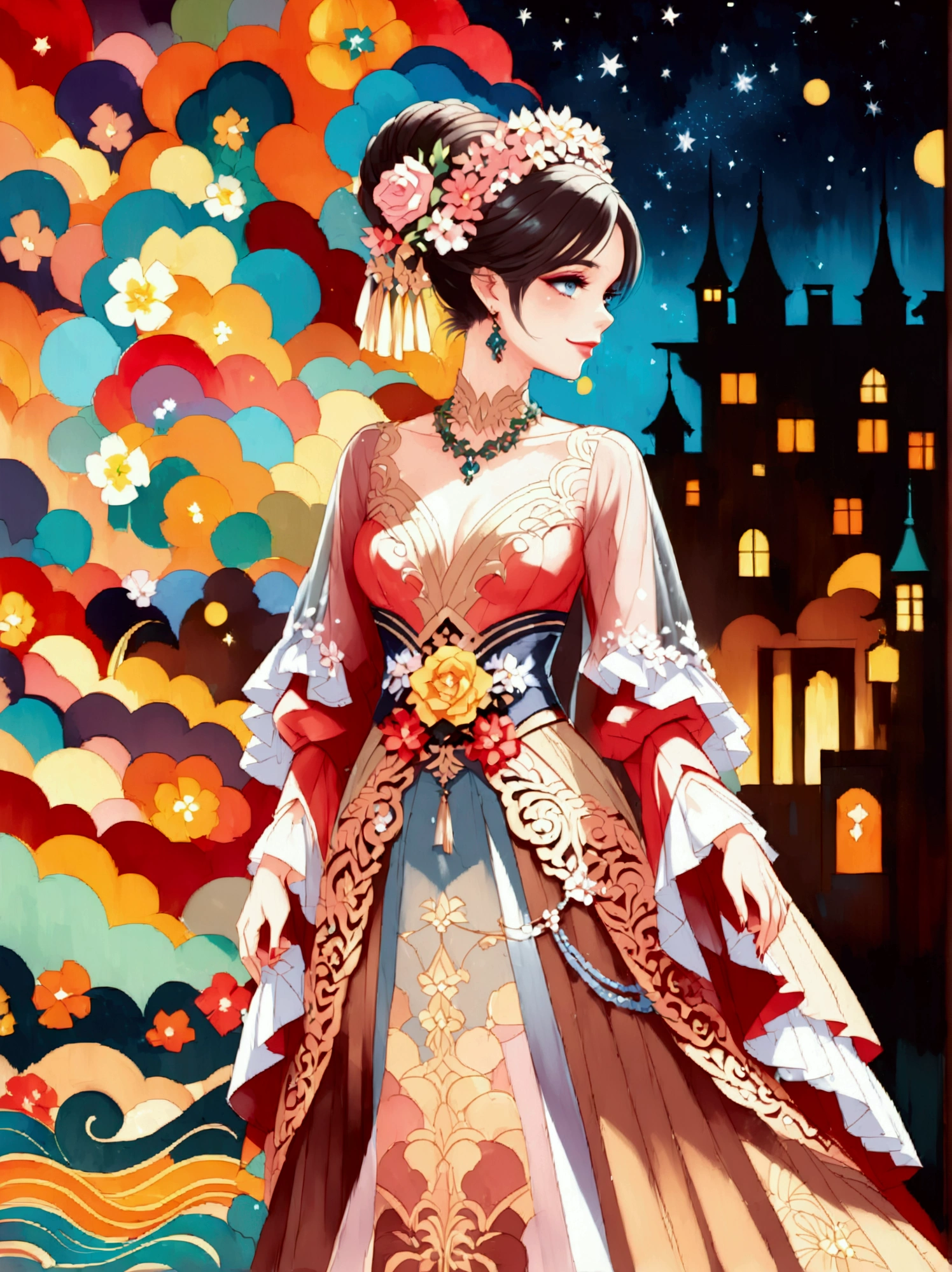 by Julien Arnal,Abstract Pictorial,Cartoon illustration,Sequins,Ambilight,Healing gouache,Starry Sky,Dark night shimmer,Youth Manga,Bright tones,gorgeous,Beautiful illustrations,Morandi color tone,Beautiful model catwalk,Performing dance steps。Wearing Ming Dynasty Hanfu,玫瑰Long skirt,Princess dress,gorgeous复古宫廷风格连衣裙,Long skirt,超Long skirt,- Wide hem,Long skirt下摆接近地面,The style is a high-end dress from the Hanfu Fashion Week,Haute couture,Private custom,Fashion show model,Big show,Tulle accessories on skirt。Necklace on the neck,short hair,Hair up,Headdress,big eyes,It's beautiful,((There was only one female model on the catwalk)),Men and women make up a large part of,The runway is covered with flowers,Background covered with flowers,Female model with a smile on her face,Standing,Elegant and dignified posture,8k,Ultra HD,masterpiece,precise,Textured Skin,High Detail,Best quality,Awards,Long Shot,Sense of distance,(Vector illustration:1.5)