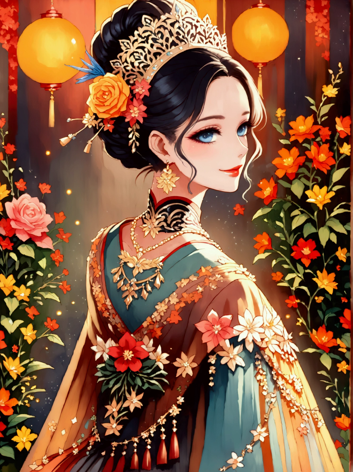 by Julien Arnal,Abstract Pictorial,Cartoon illustration,Sequins,Ambilight,Healing gouache,Starry Sky,Dark night shimmer,Youth Manga,Bright tones,gorgeous,Beautiful illustrations,Morandi color tone,Beautiful model catwalk,Performing dance steps。Wearing Ming Dynasty Hanfu,玫瑰Long skirt,Princess dress,gorgeous复古宫廷风格连衣裙,Long skirt,超Long skirt,- Wide hem,Long skirt下摆接近地面,The style is a high-end dress from the Hanfu Fashion Week,Haute couture,Private custom,Fashion show model,Big show,Tulle accessories on skirt。Necklace on the neck,short hair,Hair up,Headdress,big eyes,It's beautiful,((There was only one female model on the catwalk)),Men and women make up a large part of,The runway is covered with flowers,Background covered with flowers,Female model with a smile on her face,Standing,Elegant and dignified posture,8k,Ultra HD,masterpiece,precise,Textured Skin,High Detail,Best quality,Awards,Long Shot,Sense of distance,(Vector illustration:1.5)