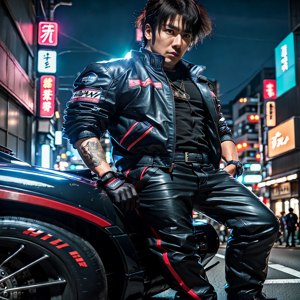 best qualtiy， tmasterpiece，Anime style, cyber punk perssonage, tokyo at night, Tokyo Street Racing，Racing jacket，Racing gloves，Night, sports carale people，Handsome，Robust，Look into the camera，Leather, short，Neon signs，A detailed，trichotomy