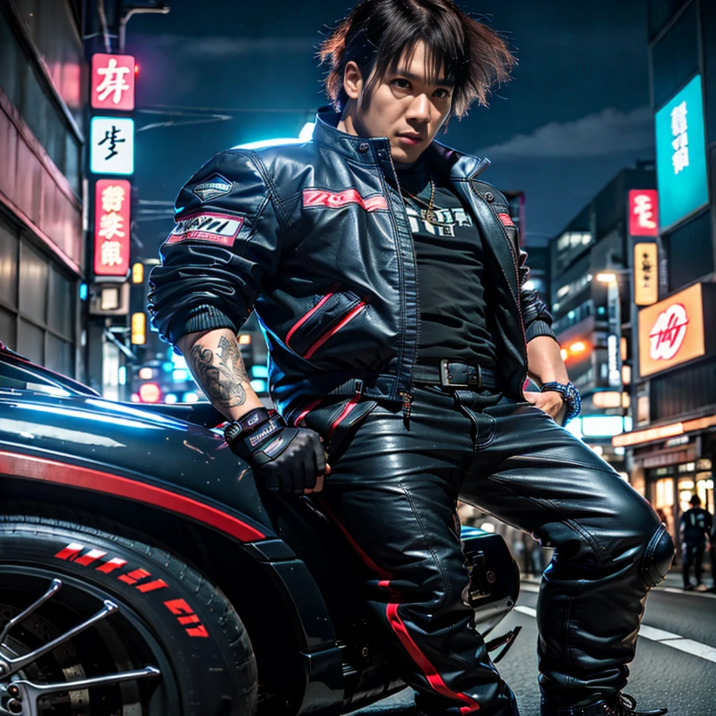 best qualtiy， tmasterpiece，Anime style, cyber punk perssonage, tokyo at night, Tokyo Street Racing，Racing jacket，Racing gloves，Night, sports carale people，Handsome，Robust，Look into the camera，Leather, short，Neon signs，A detailed，trichotomy