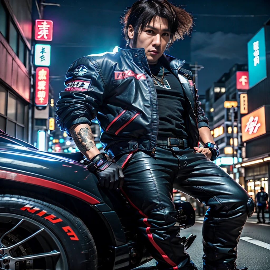 best qualtiy， tmasterpiece，Anime style, cyber punk perssonage, tokyo at night, Tokyo Street Racing，Racing jacket，Racing gloves，Night, sports carale people，Handsome，Robust，Look into the camera，Leather, short，Neon signs，A detailed，trichotomy