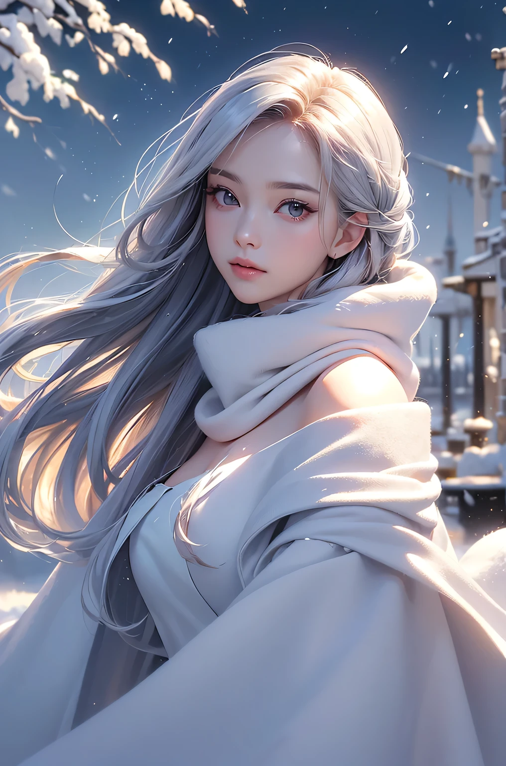 ((masterpiece:1.5、8k、Portraiture、Photorealistic and very detailed CG、Very detailed、Particle Effects、Dynamic Effects、Shallow depth of field、Cinematic Light、Lens flare、Ray Tracing、Tabletop、Realistic:1.4、Ultra-high resolution:1.2、Realistic、Realistic))((alone、,A woman wearing a cashmere coat over an off-the-shoulder dress:1.4、wear a long scarf、Elegant woman posing、Detailed face、brightexpression、young, bright, Whiter skin、Ample breasts、Best Looks、Ultimate beauty、Shiny silver hair with highlights、bright and shiny hair,、Super long, Silky straight hair、Hair dancing in the wind))(morning、The setting is outdoors in the snow、Surrounded by illuminations)