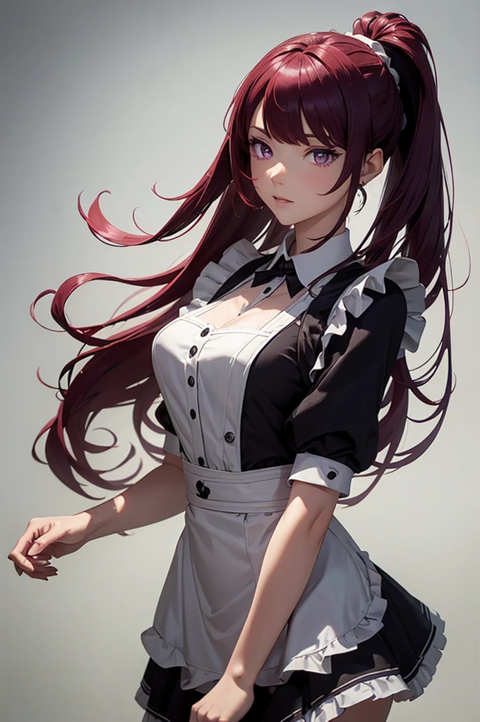 masterpiece,(Highest quality, figure,Detailed face:1.3),(One girl,alone:1.3),Beautiful attention to detail, apron, Slope_background, Slope, Maid, Purple eyes,red hair,Small breasts,, break, enMaided, white_apron, black_dress, ponytail, black_footwear, frills_apron, dress, Maid_apron, Alternative_hair,very long hair, Split_ponytail, Hello