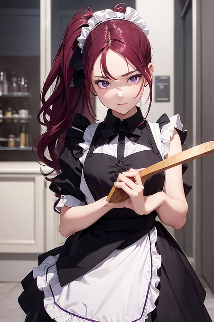masterpiece,(Highest quality, figure,Detailed face:1.3),(One girl,alone:1.3),Beautiful attention to detail,  apron, Slope_background, Slope, Maid, Purple eyes,red hair,Small breasts,, break, enMaided, white_apron, black_dress, ponytail, black_footwear, frills_apron, dress, Maid_apron, Alternative_hair,very long hair, Split_ponytail, Hello 