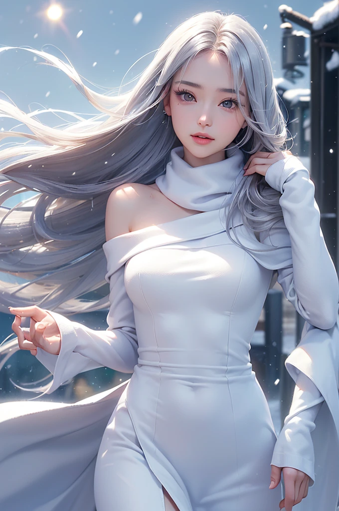 ((masterpiece:1.5、8k、Portraiture、フォトリアリスティックでVery detailedなCG、Very detailed、Particle Effects、Dynamic Effects、Shallow depth of field、Cinematic Light、Lens flare、Ray Tracing、Tabletop、Realistic:1.4、Ultra-high resolution:1.2、Realistic、Realistic))((alone、,A woman wearing a cashmere coat over an off-the-shoulder dress:1.4、wear a long scarf、Elegant woman posing、Detailed face、bright表情、young, bright, Whiter skin、Ample breasts、Best Looks、Ultimate beauty、Shiny silver hair with highlights、bright and shiny hair,、Super long, Silky straight hair、Hair dancing in the wind))(morning、The setting is outdoors in the snow、Surrounded by illuminations)