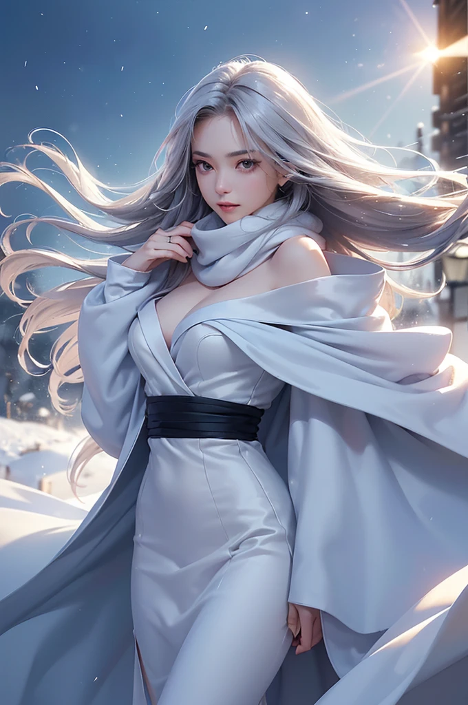 ((masterpiece:1.5、8k、Portraiture、フォトリアリスティックでVery detailedなCG、Very detailed、Particle Effects、Dynamic Effects、Shallow depth of field、Cinematic Light、Lens flare、Ray Tracing、Tabletop、Realistic:1.4、Ultra-high resolution:1.2、Realistic、Realistic))((alone、,A woman wearing a cashmere coat over an off-the-shoulder dress:1.4、wear a long scarf、Elegant woman posing、Detailed face、bright表情、young, bright, Whiter skin、Ample breasts、Best Looks、Ultimate beauty、Shiny silver hair with highlights、bright and shiny hair,、Super long, Silky straight hair、Hair dancing in the wind))(morning、The setting is outdoors in the snow、Surrounded by illuminations)