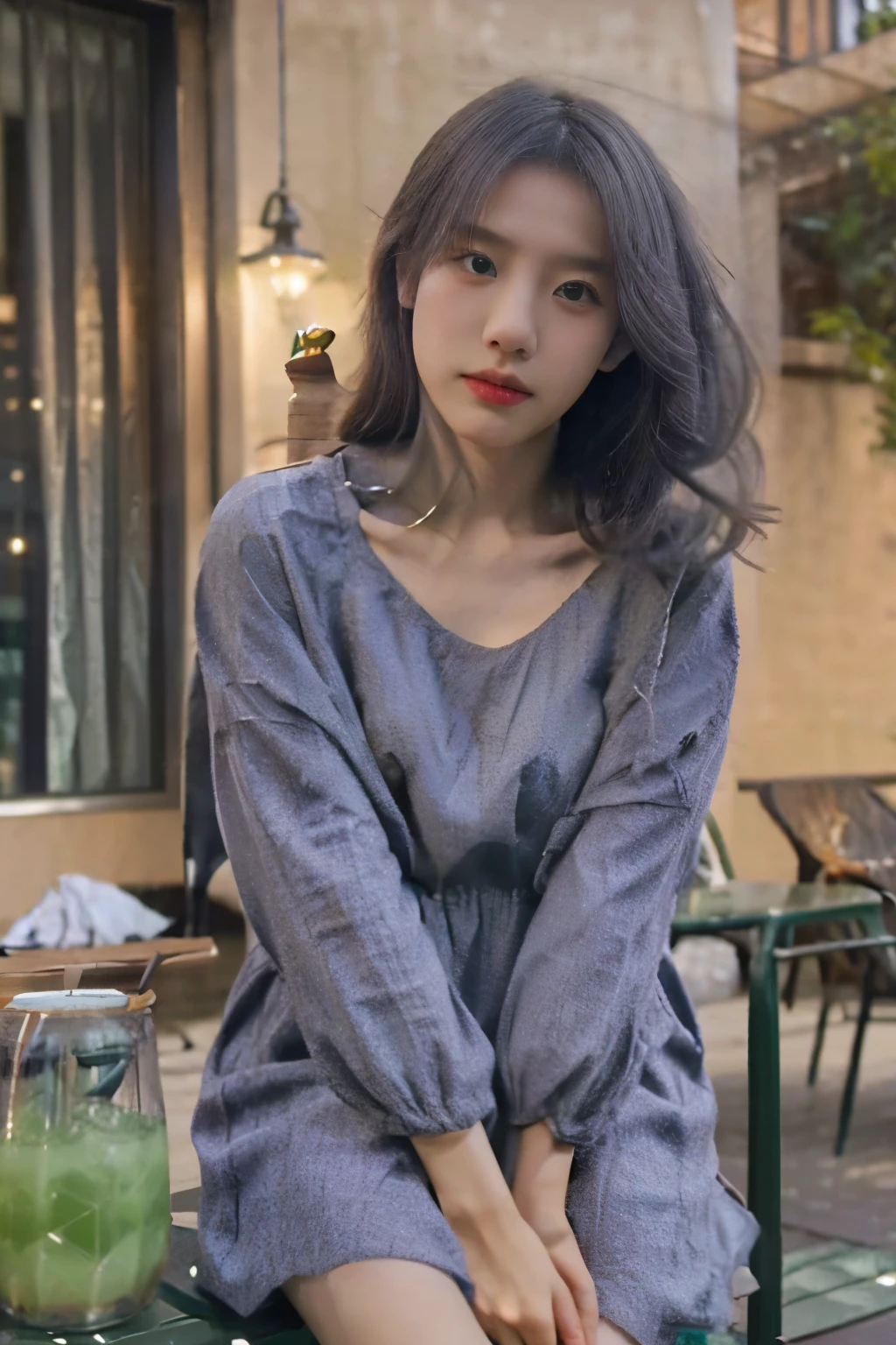 Realistic Japanese girl, in her twenties, on balcony at night, beautiful, grey hair, green cocktail dress, kpop star