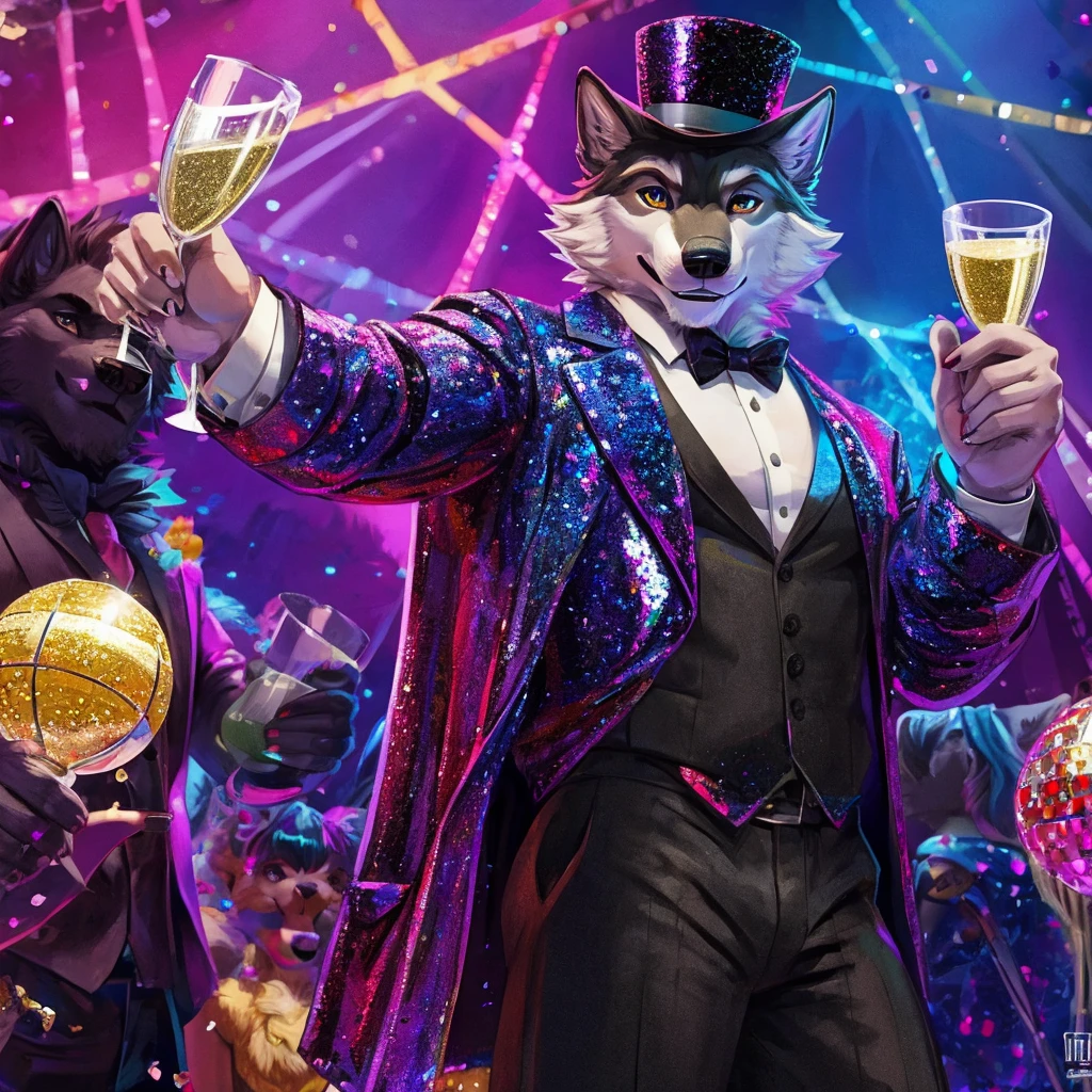 A wolf in a shiny sequin jacket and dark trousers and a top hat hangs on a disco ball with a glass of champagne in his hand, three-quarter angle