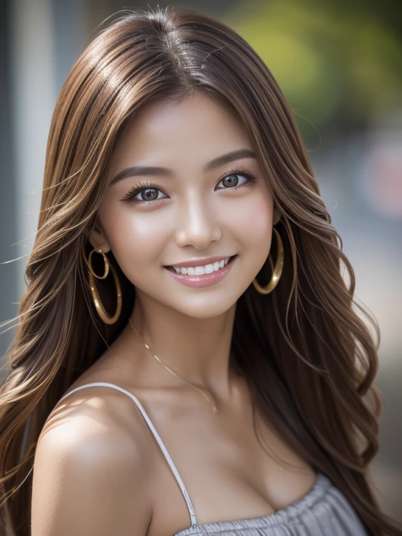 (Highest quality,10,10,High resolution,masterpiece:1.2),Very detailed,Realistic:1.37,Professional,19 year old girl with long hair, Flowing hair and a metallic grey strapless shirt, Wear a sarong., Symmetrical shape,指のProfessionalポーションが美しい..,Vibrant colors,Bokeh,Studio Light,Portraiture, 1 girl、smile