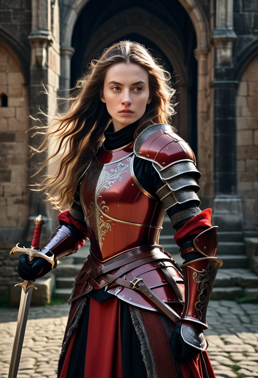 A beautiful female knight in red and black armor, intricate metalwork details, standing proudly in front of a medieval castle, dynamic pose with sword drawn, determined expression, flowing hair, dramatic lighting, photorealistic style, high resolution, 8K, detailed textures, cinematic composition, inspired by Annie Leibovitz and Rembrandt, ultra-realistic, professional photography, DSLR, sharp focus, RAW photo