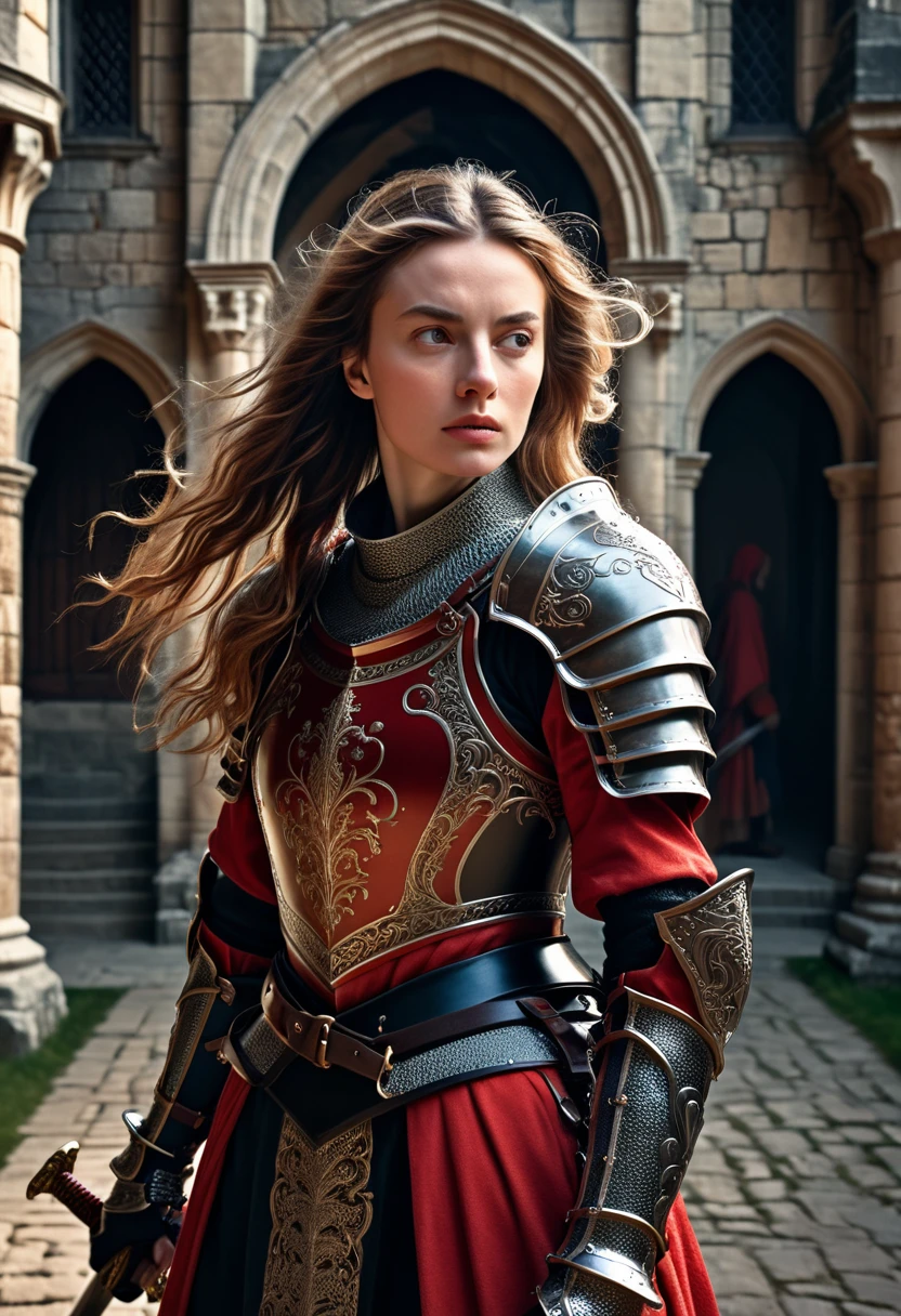 A beautiful female knight in red and black armor, intricate metalwork details, standing proudly in front of a medieval castle, dynamic pose with sword drawn, determined expression, flowing hair, dramatic lighting, photorealistic style, high resolution, 8K, detailed textures, cinematic composition, inspired by Annie Leibovitz and Rembrandt, ultra-realistic, professional photography, DSLR, sharp focus, RAW photo