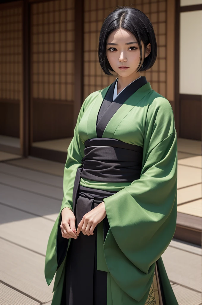 Make a character from the Shinazugawa family, dark-skinned with short black hair, eyes like Sanemi Shinazugawa from Demon Slayer, wearing a green kimono with winds