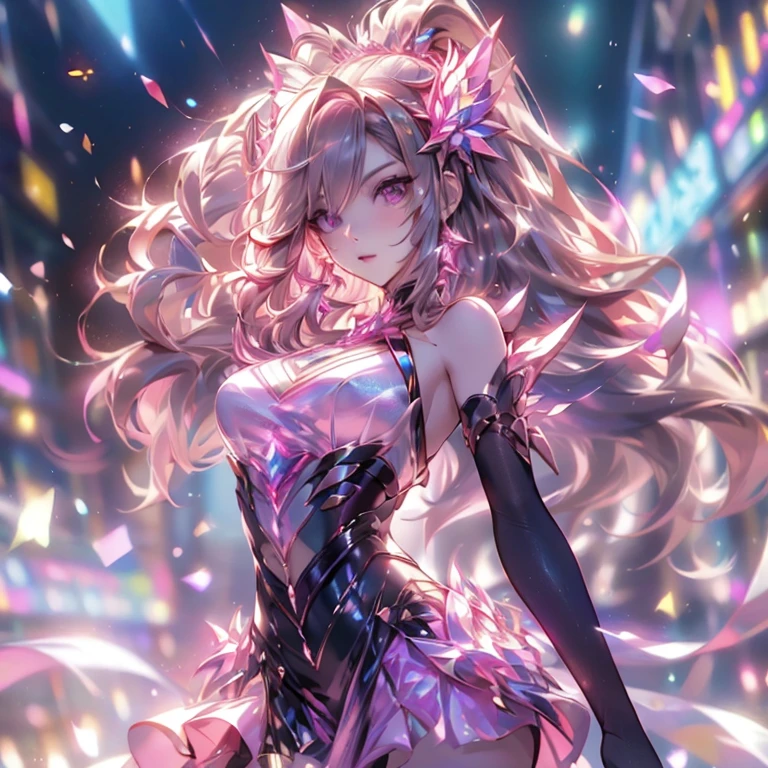 (artwork, highest quality, highest resolution, distinct_image, detailed details): (8K, 4K, best quality, High resolution: 1.2), artwork, Ultra-detailed, hyper details, cinematic Light, alone, woman, pink hair, high ponytail hair, tight metallic clothes, short skirt, heroine pose, perfect body, slim waist, full body, looking at the viewer, detailed_background, full_body, dynamic_angle