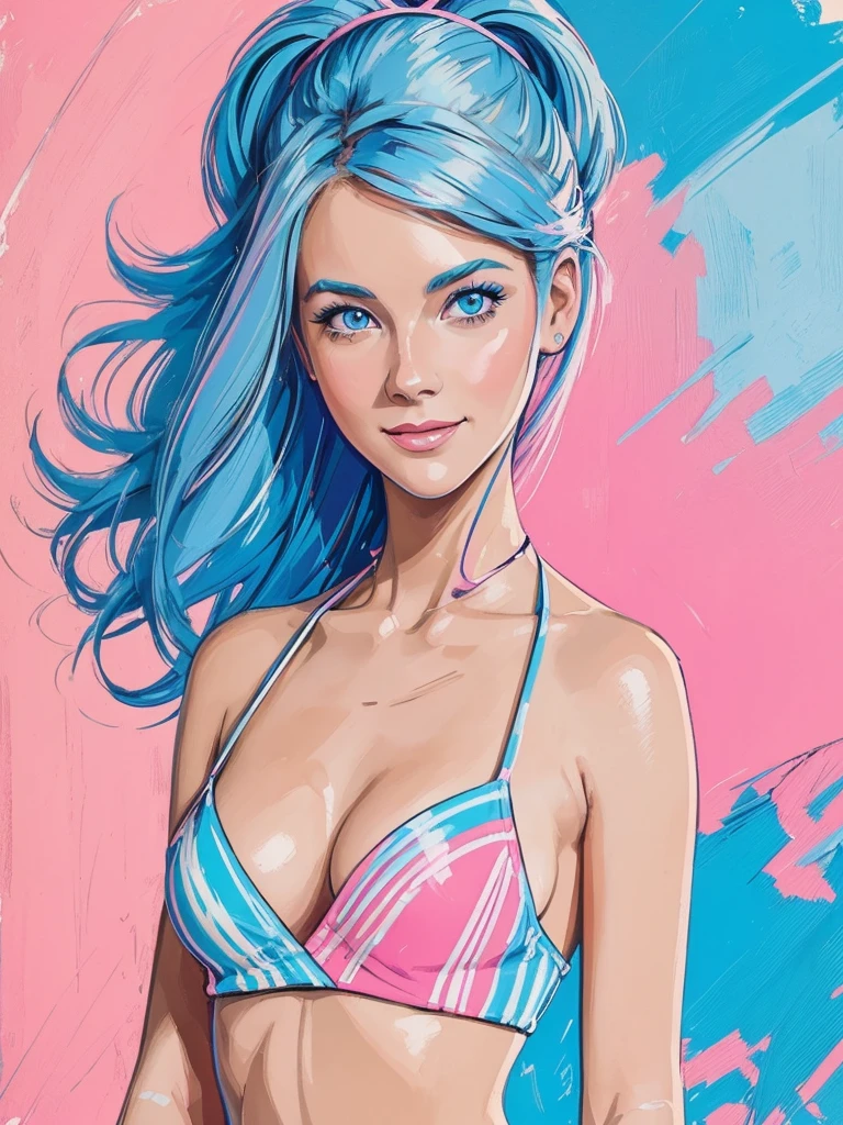 ((Speed Paint) +++ Female portrait, palette knife painting, impressionist style, brushwork technique, large stroke, Open shirt, A stunning illustration, Blue-White haired goddess, dressed in 1980s womens fashion, 1980s pop hair styles, pale skin, tube top, halter top, a beauty pinup art style, graphic design, flat colours, Neon Pink Neon blue palette, background 1 flat colour, Stripes and circles. Evil smile, Portrait Style Full nude