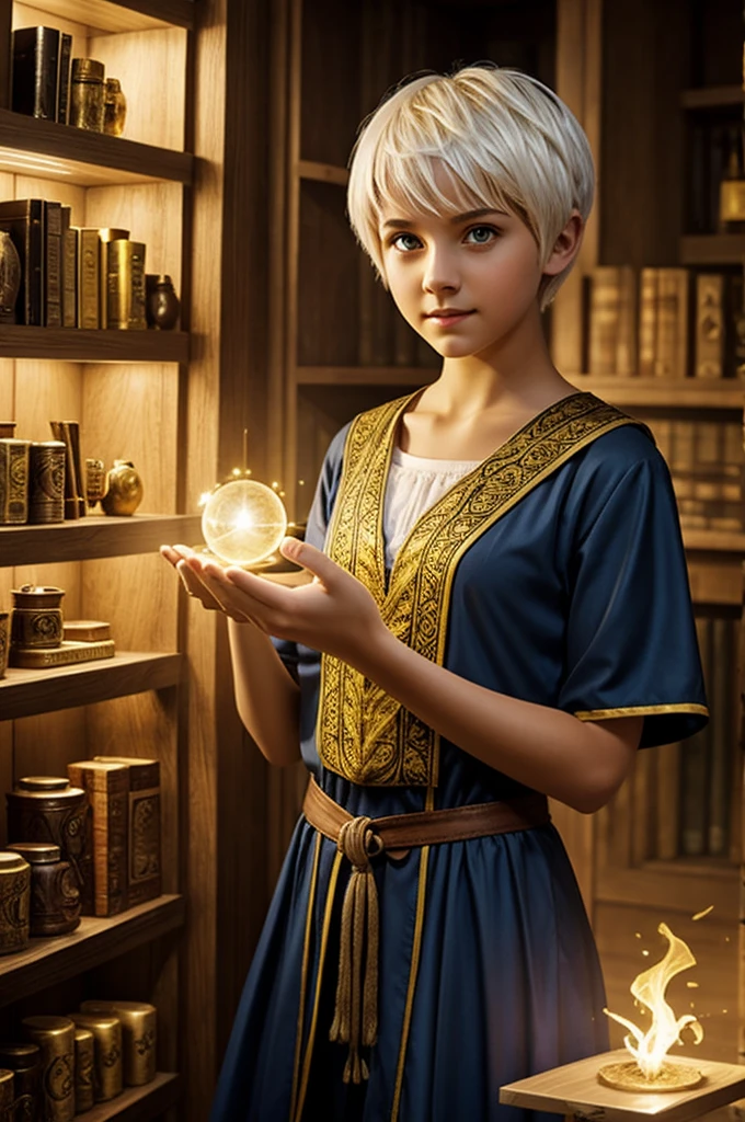 A girl wizard with white short hair and yellow eyes holding a magic shelf in her hands
