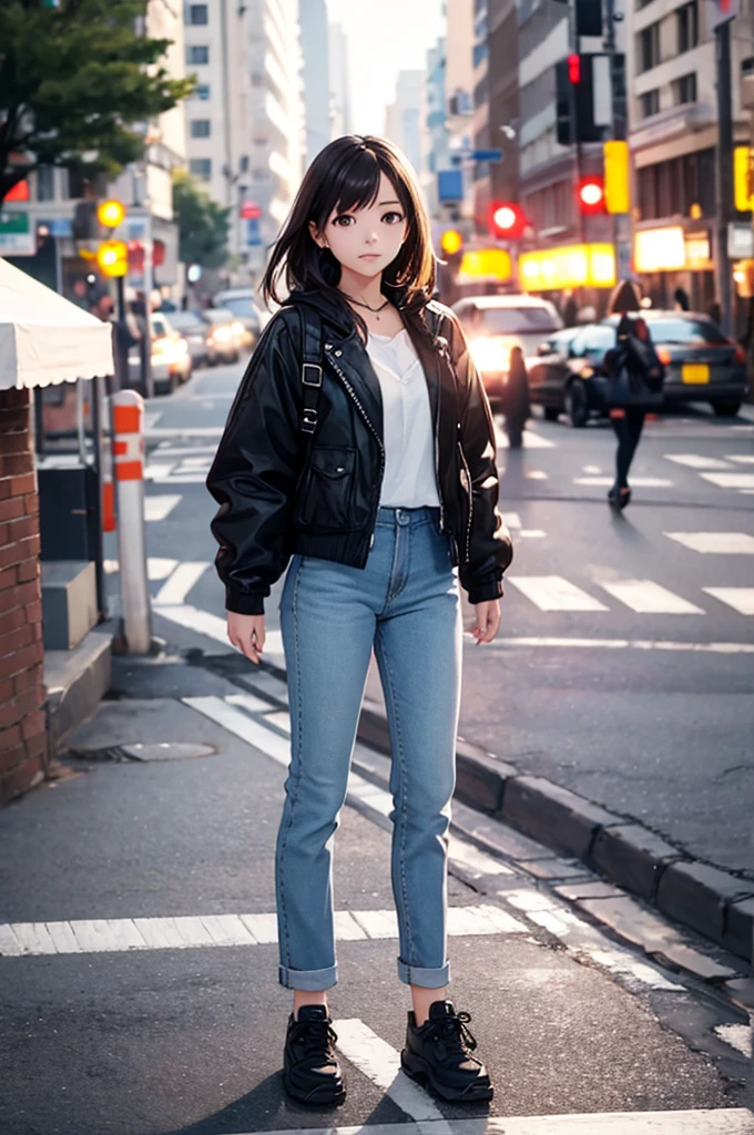 Young woman standing on the street, Blur the background, beautiful, Realistic