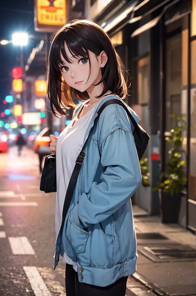 Young woman standing on the street, Blur the background, beautiful, Realistic