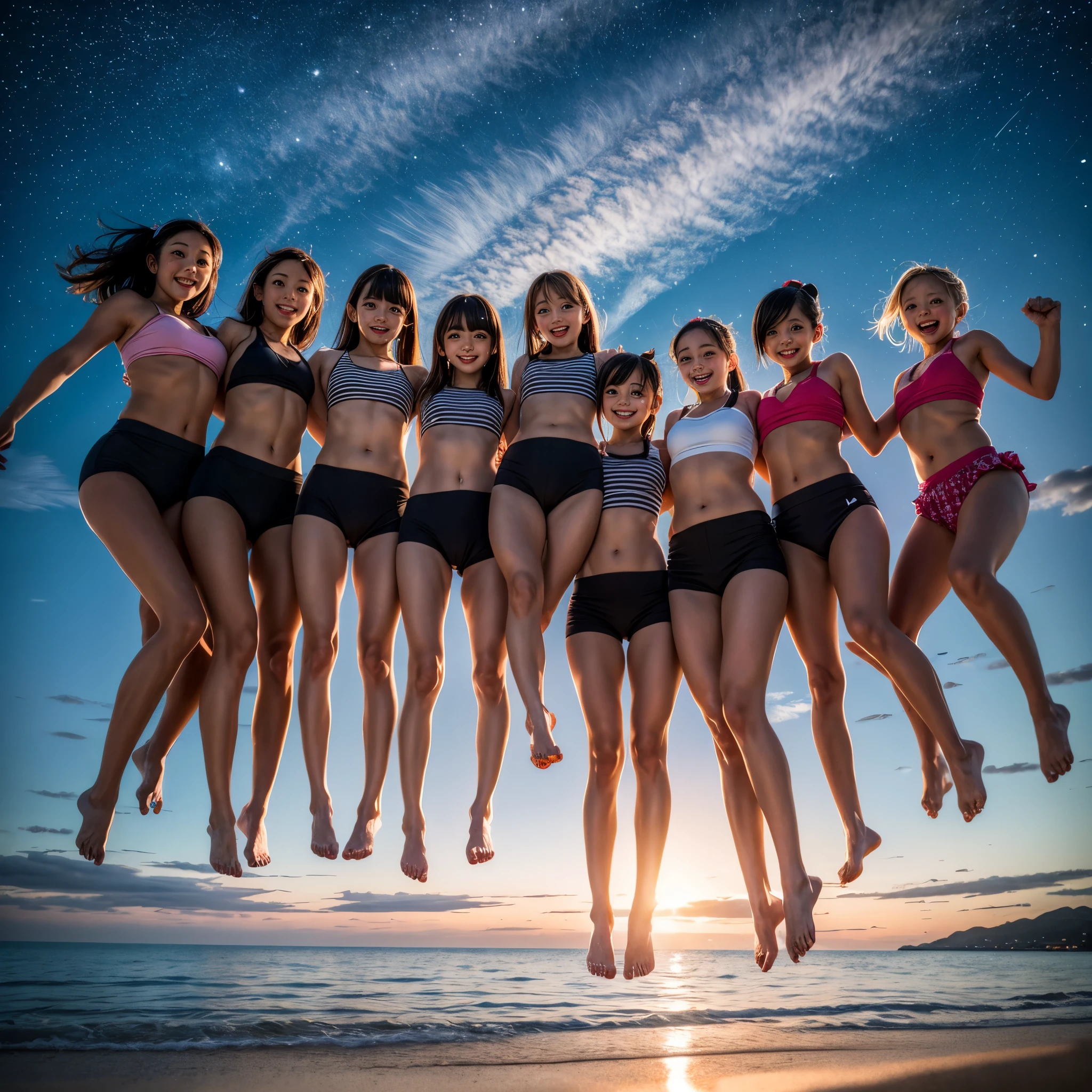 Masterpiece of ProfessionalPhoto ((ExtremelyDetailed (12 PICHIPICHI KAWAII Girls Floating in The Air in a row:1.37) in WHITE at Dusk Enoshima Beach)), {(Standing Full Body:1.2)|(from below:1.2)|Detailed KAWAII face}, Different types of hair colors, {(skinny(school swimwear))|(SchoolUniform)with Skinny AthleticShorts}, {(Corrected Childish hand)|Hidden hand|Different types of breasts|(Clearly Visible the shape of Butt)}, Joyful Expressions LifeLike Rendering, PerfectLighting, (Dazzling Horizon Visible through ThighGap), (Starry IridescentParticles:1.22) ColorfulClouds