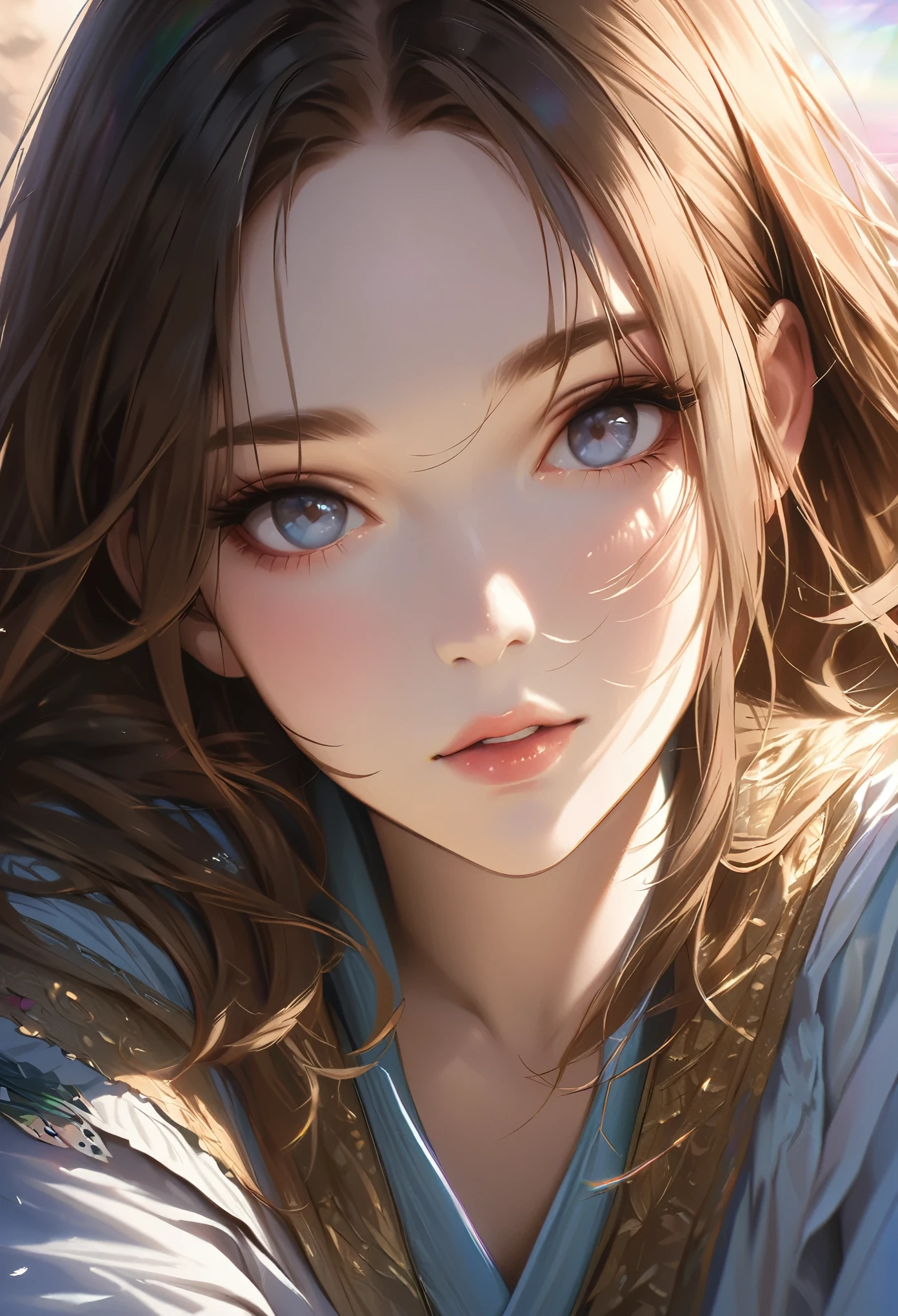 brown hair,masterpiece, best quality, an extremely delicate and beautiful girl,an extremely delicate and beautiful, world masterpiece theater, ultra-detailed, highly detailed, best quality, , highres, extremely detailed,1girl, best quality, illustration, looking at viewer, sharp,rainbow,, realistic, realist ,real,

