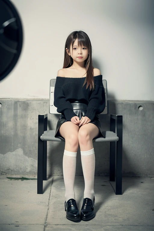 a beautiful japanese girl, (7  girl:1.2), Sitting in a chair, 8k, super detail, best quality, (photorealistic:1.4), (no expression:1.4),  tube top sweater, Leather skirt, black pantyhose, (full body:1.5), (very long hair), 1 girl, solo, simply background, Inside an empty concrete studio, first-person view