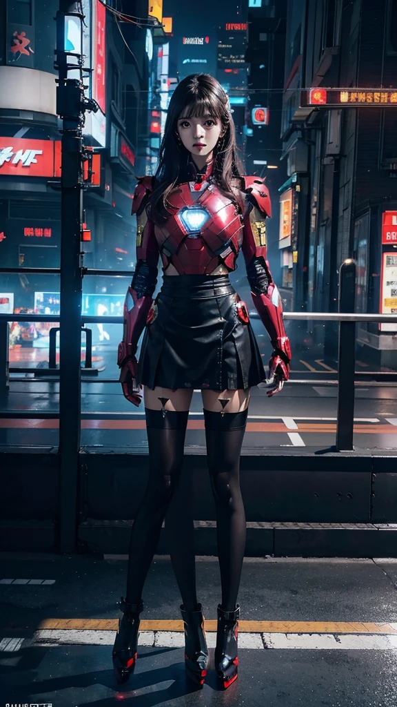 Beautiful Iron Man，Full body portrait，Wear a short skirt，Black pantyhose，Wearing high heels，Cyberpunk，Night，Hyperrealism，Neon Street，Ray Tracing，masterpiece，Light and Shadow，Fine drawing