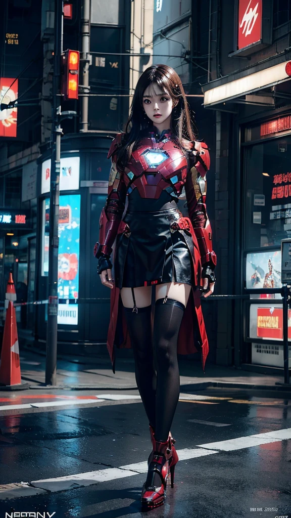 Beautiful Iron Man,Full body portrait,Wear a short skirt,Black pantyhose,Wearing high heels,Cyberpunk,Night,Hyperrealism,Neon Street,Ray Tracing,masterpiece,Light and Shadow,Fine drawing