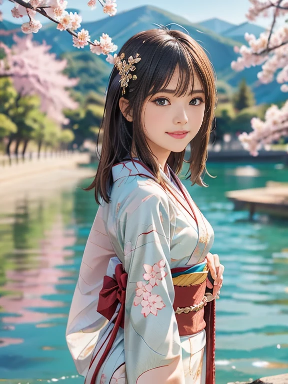 Asuna, masterpiece, Highest quality, detailed, (One girl), alone, detailed golden eyes, Long Hair, Are standing, Close to the audience, (detailed kimono), A light smile, Medium chest,  (Put your arms behind your back), water, sunset, (hair ornaments), (Cherry blossoms bloom),  Lake with snowy mountains in the background