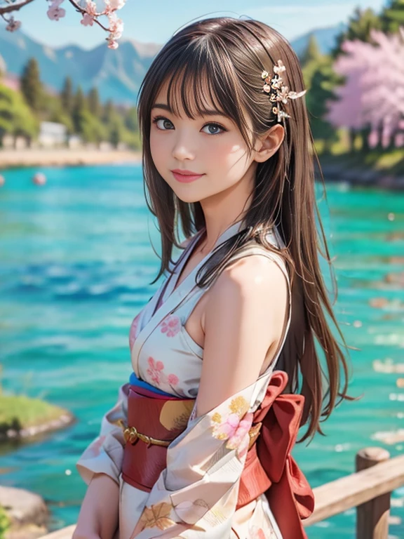 Asuna, masterpiece, Highest quality, detailed, (One girl), alone, detailed golden eyes, Long Hair, Are standing, Close to the audience, (detailed kimono), A light smile, Medium chest,  (Put your arms behind your back), water, sunset, (hair ornaments), (Cherry blossoms bloom),  Lake with snowy mountains in the background